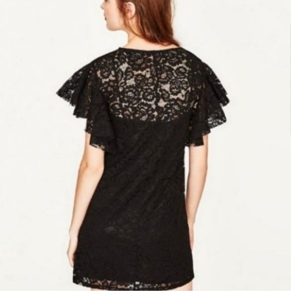Zara • Black Lace Flutter Dress w Floral Embroidery ~ Dia de Los Muertos - Picture 3 of 4